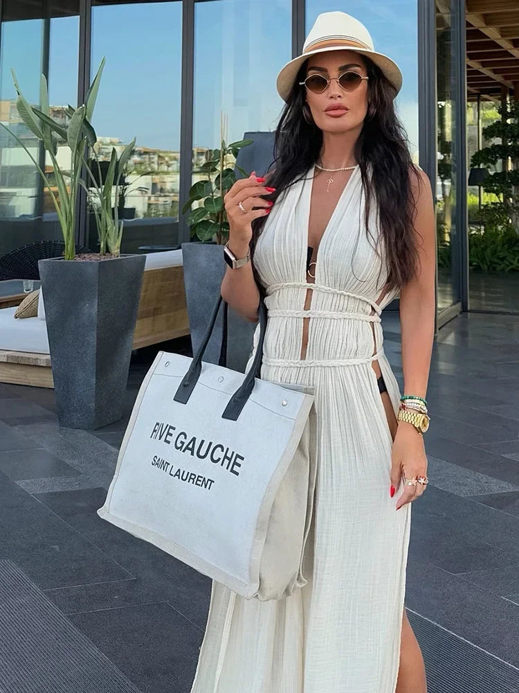 2025 Sexy Swimsuit Cover Up V Neck Back Open Beach Maxi Dress For Women Braided Belt Slit Long Tunic Vintage Party Dresses A2922