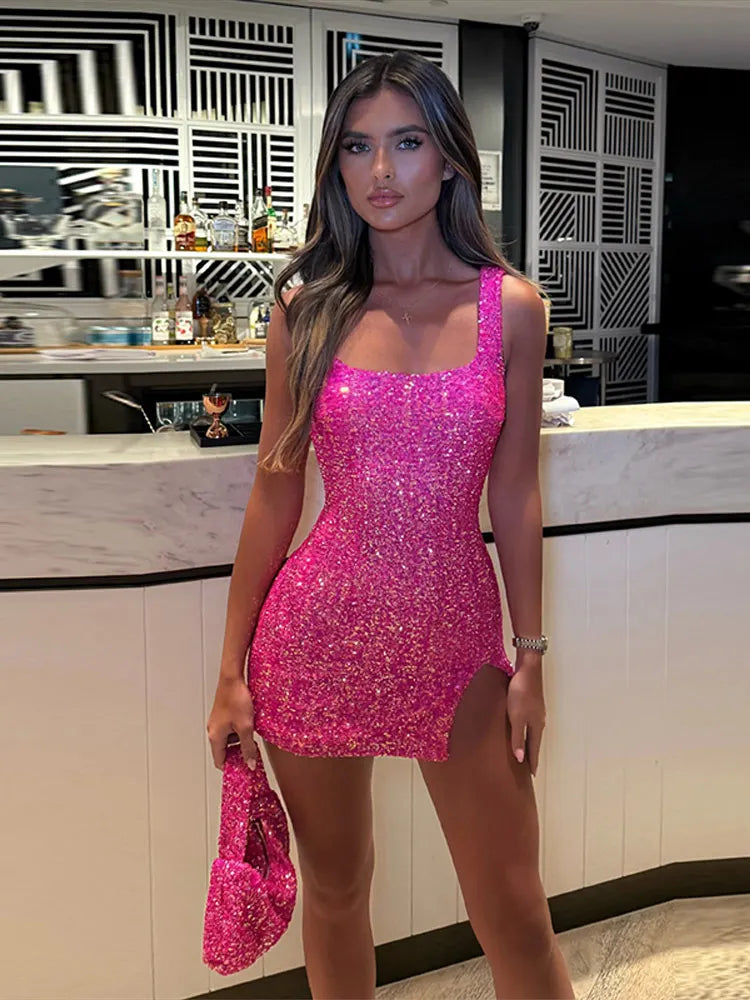 Sleeveless Sequin Mini Dress with High Slit for Women