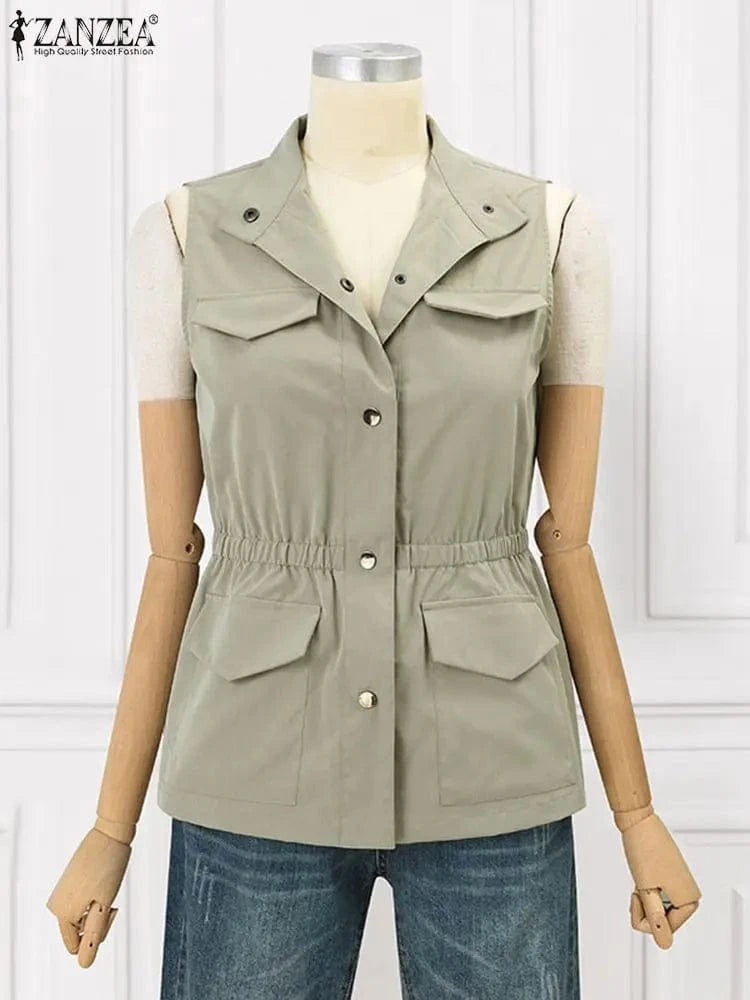 ZANZEA Women Sleeveless Waistcoat Korean Fashion Stand Collar Vest Casual Pockets Solid Tank Outwear 2024 Summer Waist Overalls