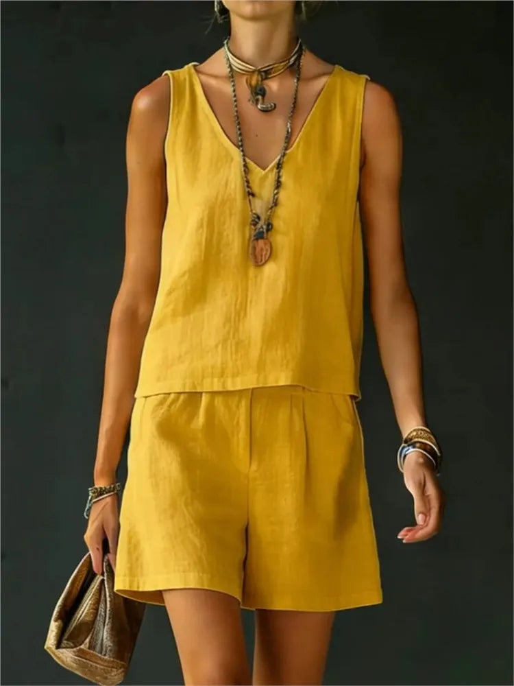 Cotton Linen Summer Casual Vest and Shorts Set for Women