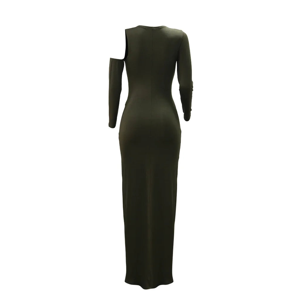 Joskaa Elegant Metal Decoration Hollow Birthday Dress Woman Sexy Irregular Full Sleeve High Split Maxi Dresses 2025 Clubwear