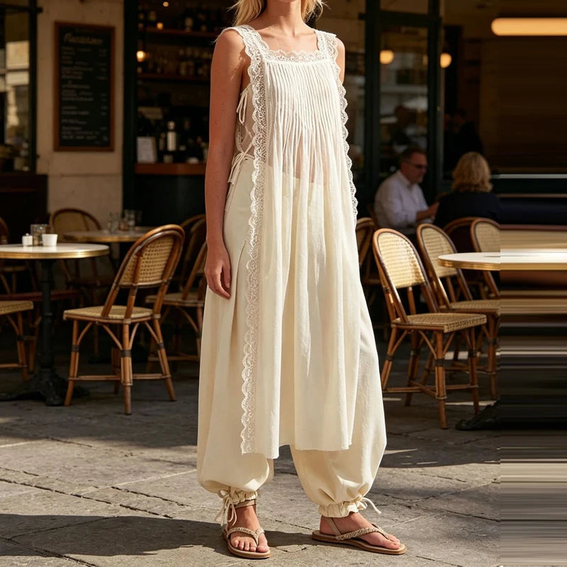 Lace Side Split Beach Pleated Solid Color Maxi Dress for Women