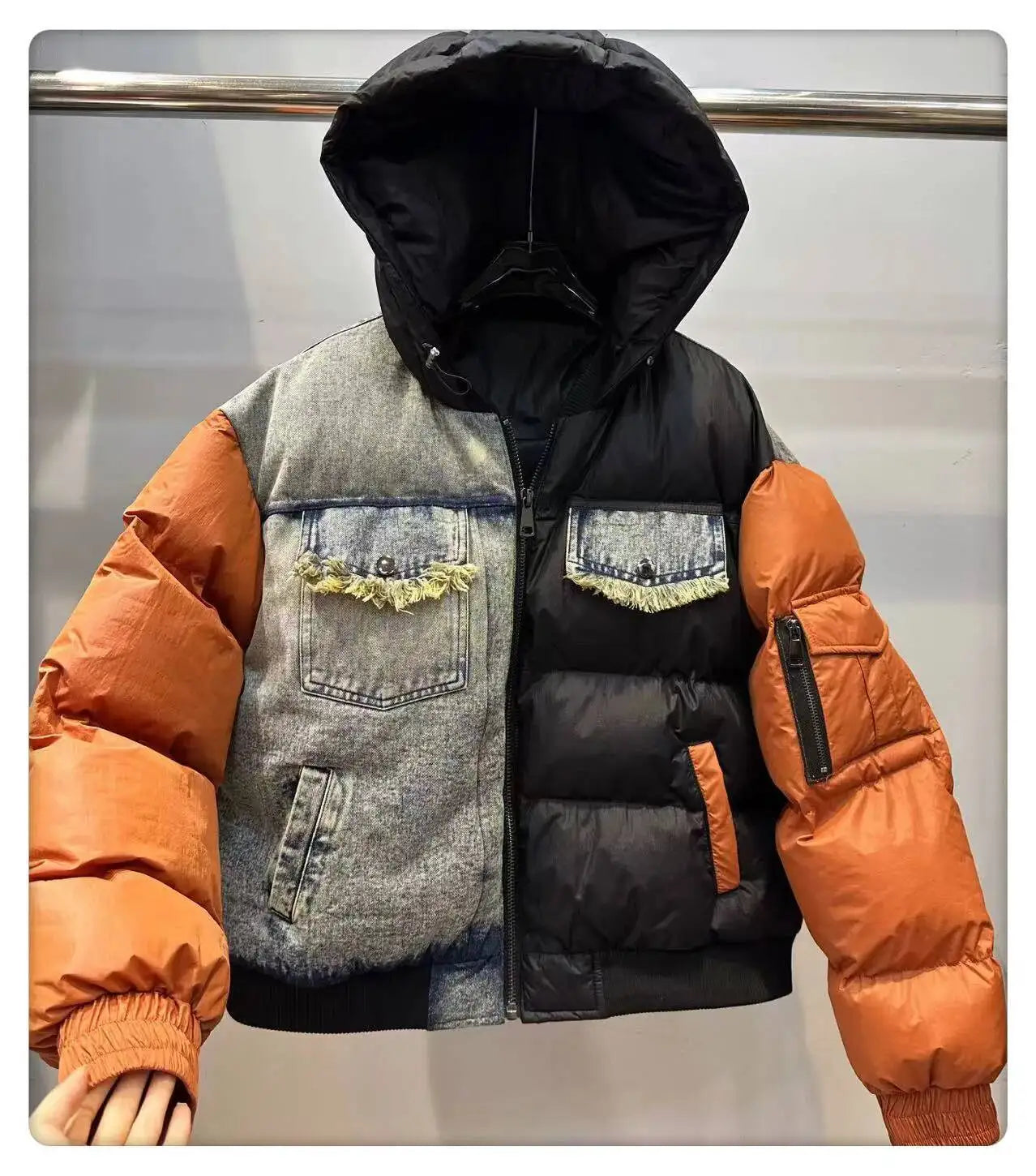 ANJY Autumn Winter New Women European Trendy Padded Coat Heavy-Duty Denim Patchwork Pocket Color-Block Hooded Down Jacket A12508