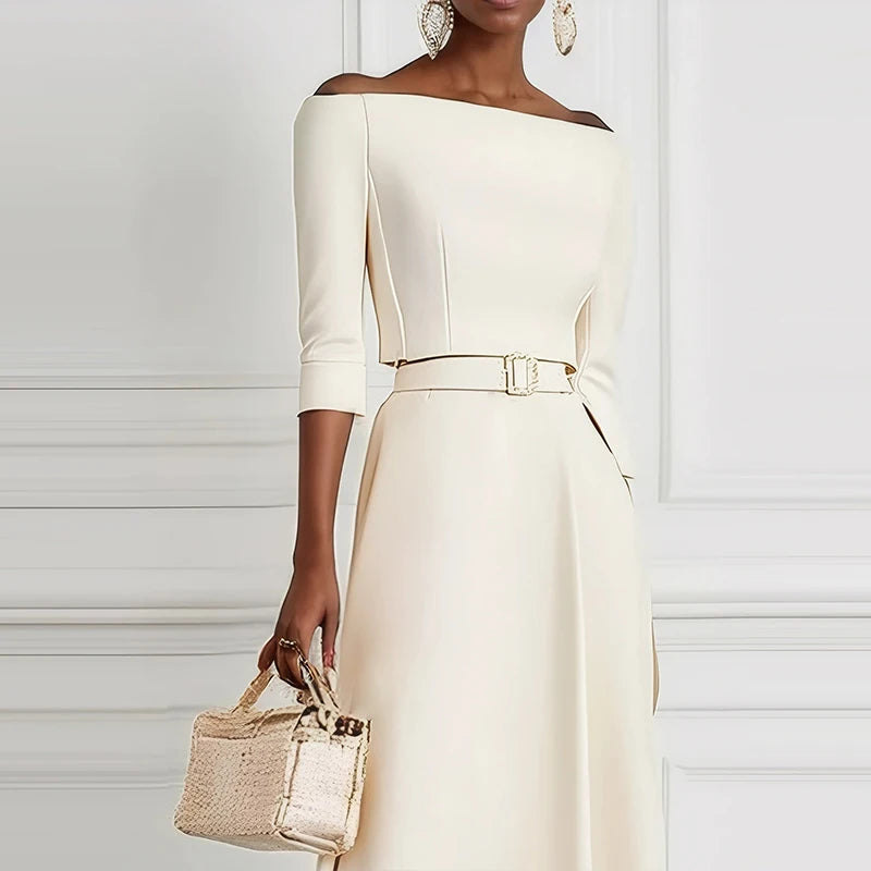 Women Sexy Off Shoulder Half Sleeve Party Dress Elegant Temperament Waist Solid Long Dress Fashion Draped Belt Tie-Up Maxi Dress
