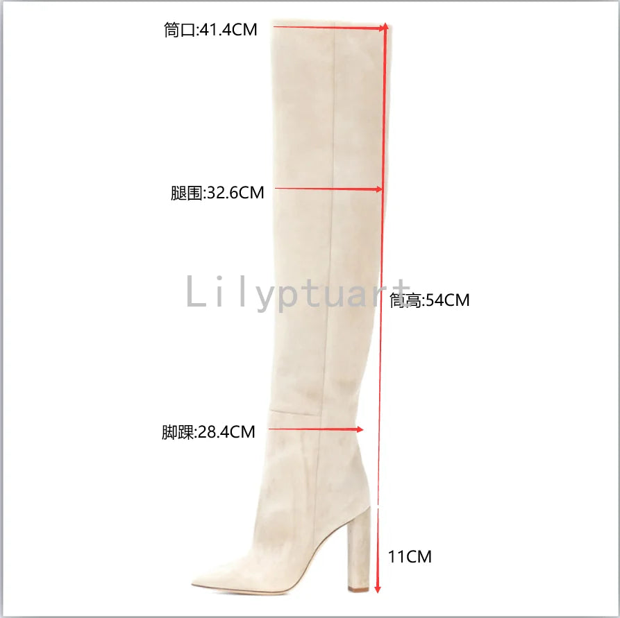 Beige Square Heel Slip-On Over-the-Knee Boots for Women