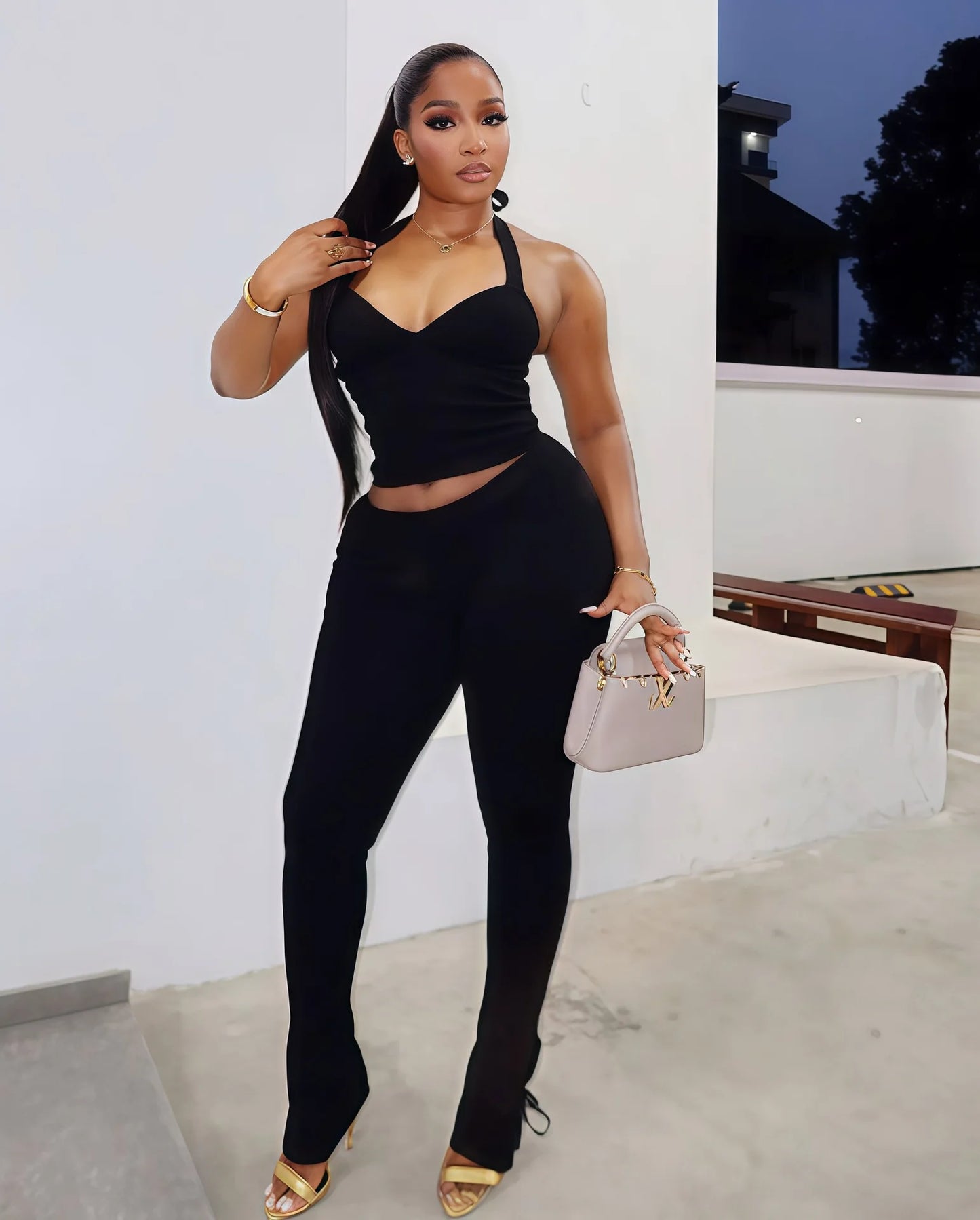 Solid Color Halter Neck Crop Top Two Piece Set for Women