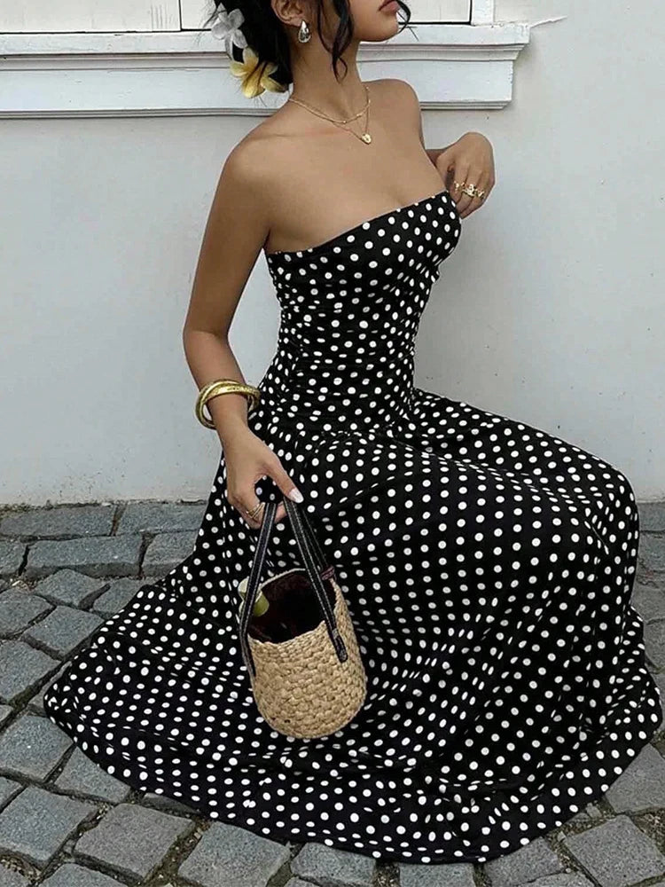 Polka Dot Backless Strapless Maxi Summer Dress for Women