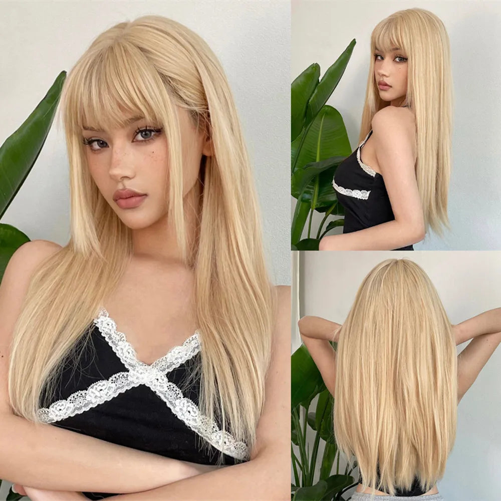 Long Layered Orange Straight Wig With Bangs for Women
