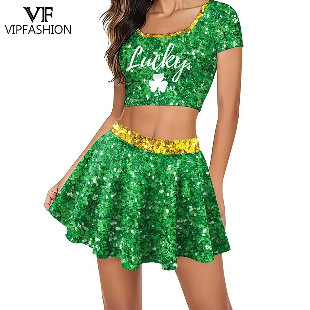 Festive Irish Green Shamrock Plaid Knit Skirt Set for Women