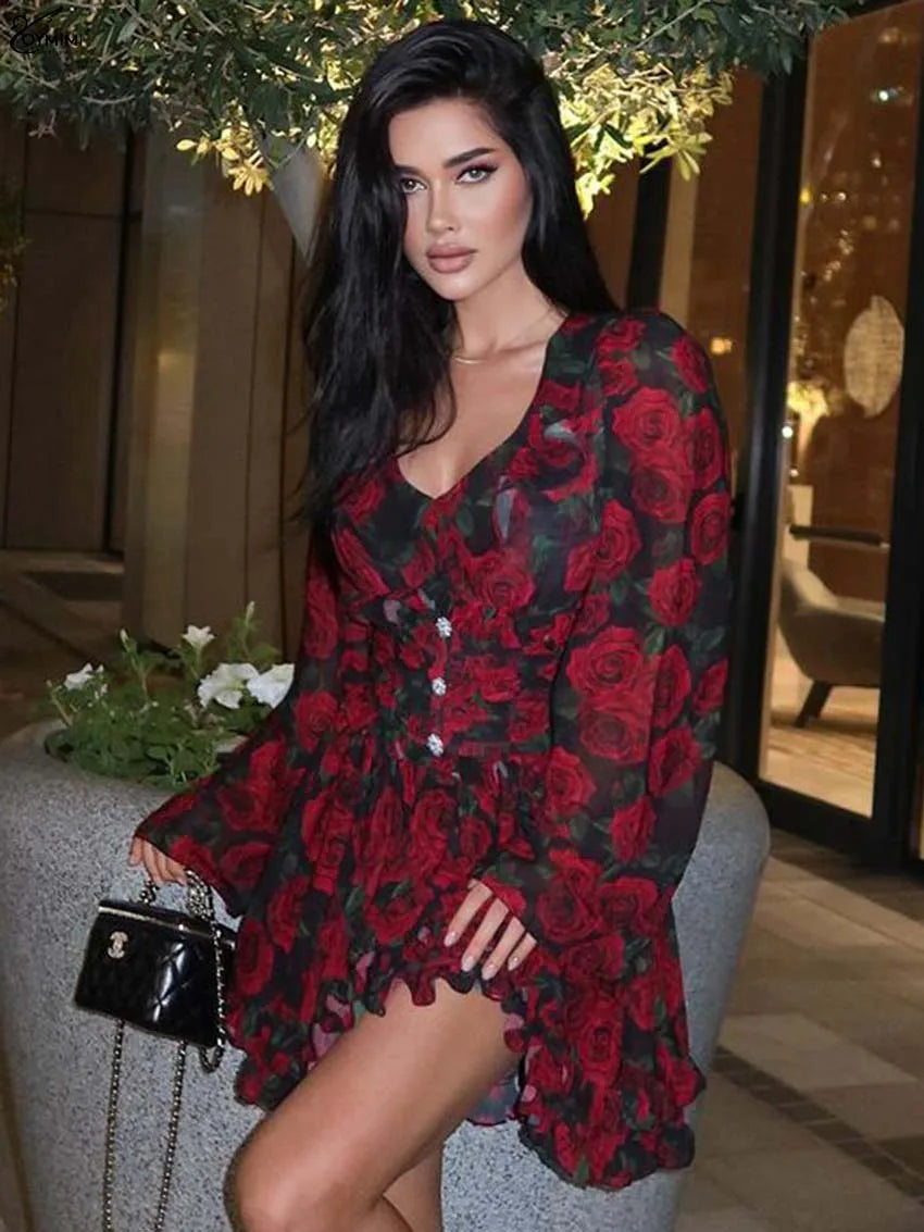 Oymimi Elegant Red Print Womens Dresses Fashion V-Neck Long Sleeve Button Dresses Casual High Waisted Ruffled Mini Dress Female