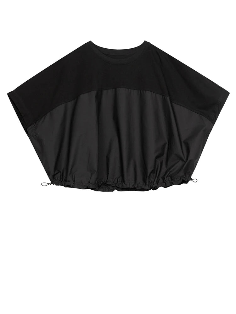 [EAM] Women Black Drawstring Big Size Casual T-shirt New Round Neck Short Batwing Sleeve Fashion Tide Spring Summer 2025 1DJ1031
