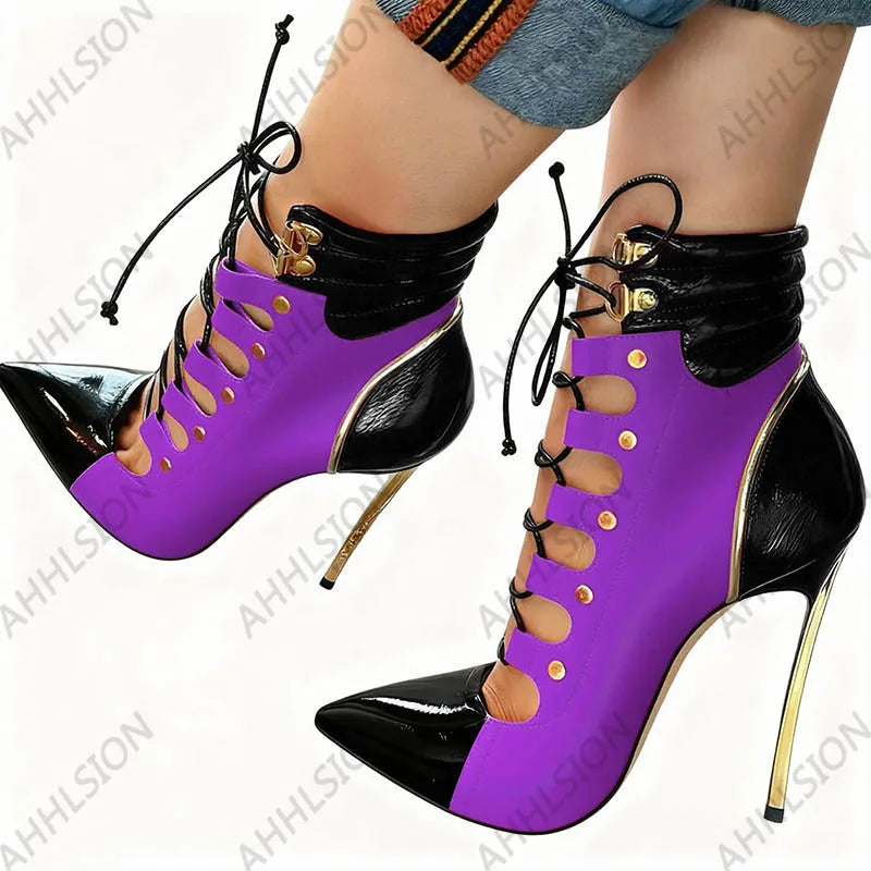 Pointed Toe Purple Leather Ankle Boots With Gold Accents For Women