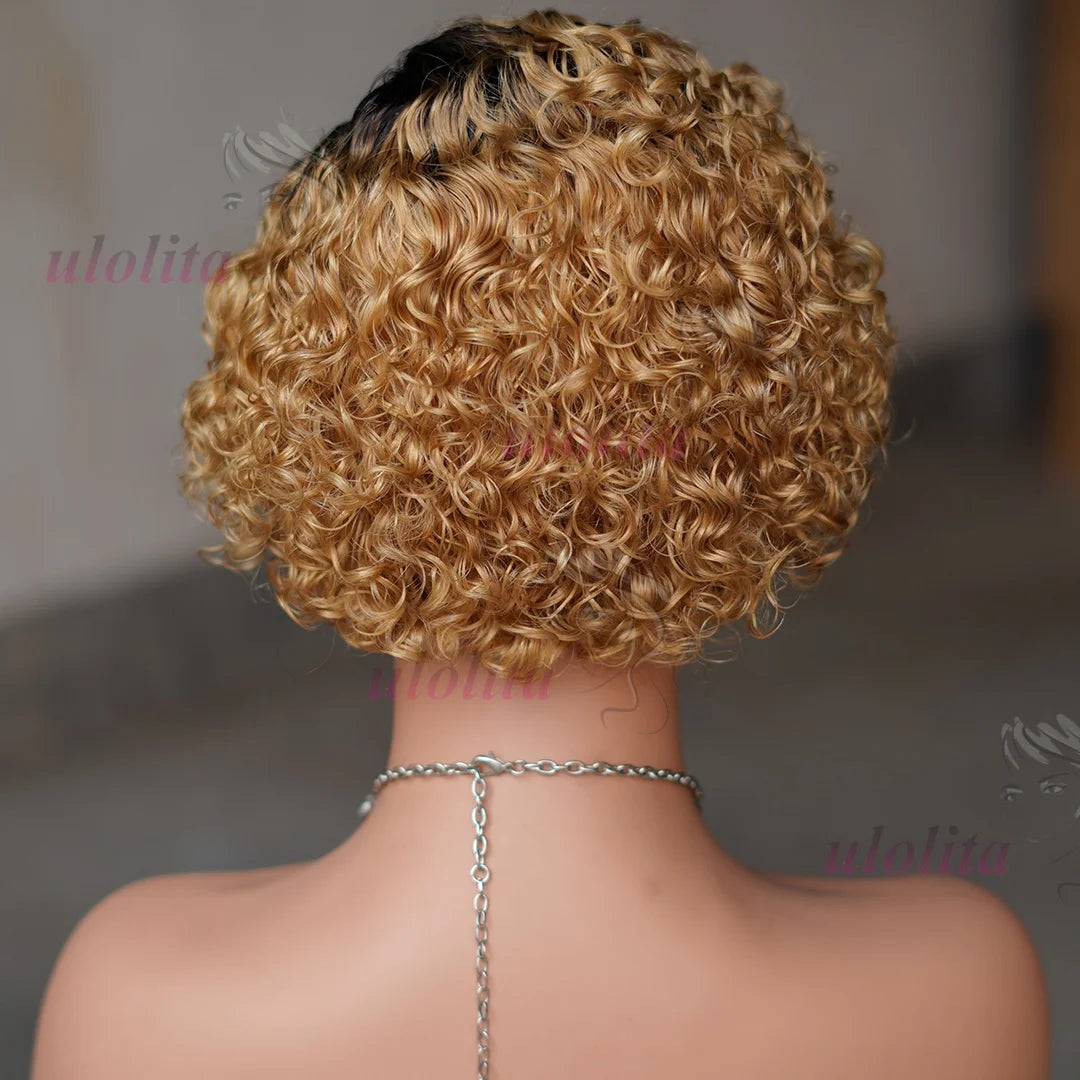 Ombre Pixie Cut Curly Bob Human Hair Wig for Women