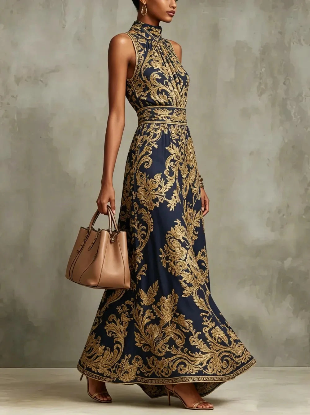 Elegant Baroque Print Halter Neck Maxi Dress for Women