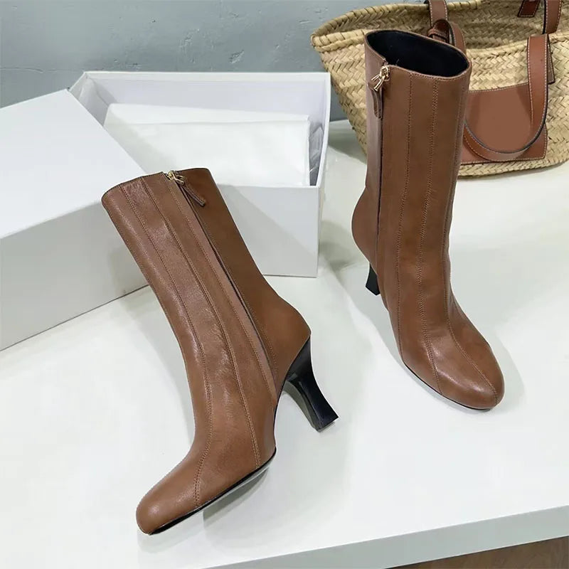 Genuine Leather High Heel Round Toe Mid Calf Boots for Women