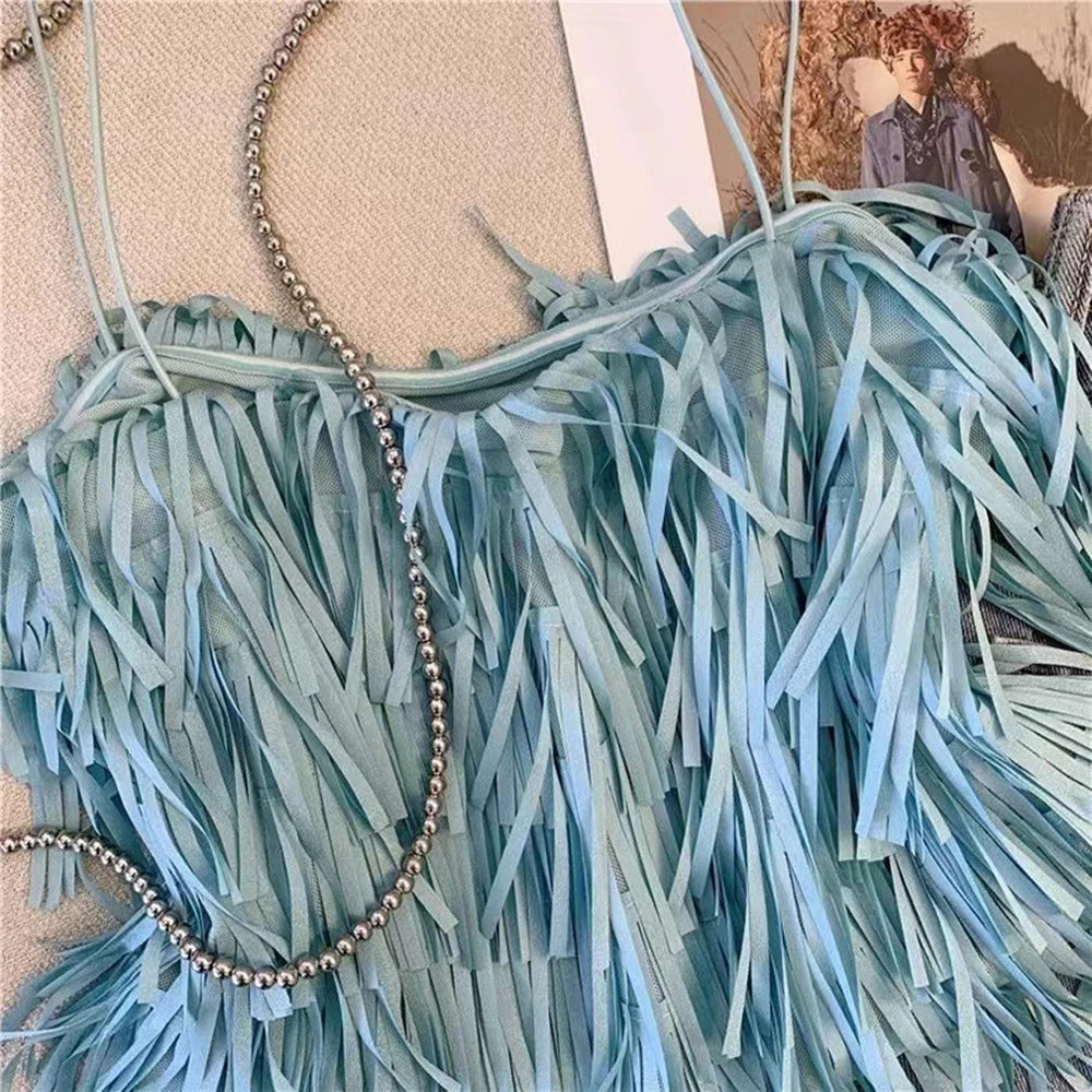 Chic Blue Fringe Tassel Halter Summer Top for Women