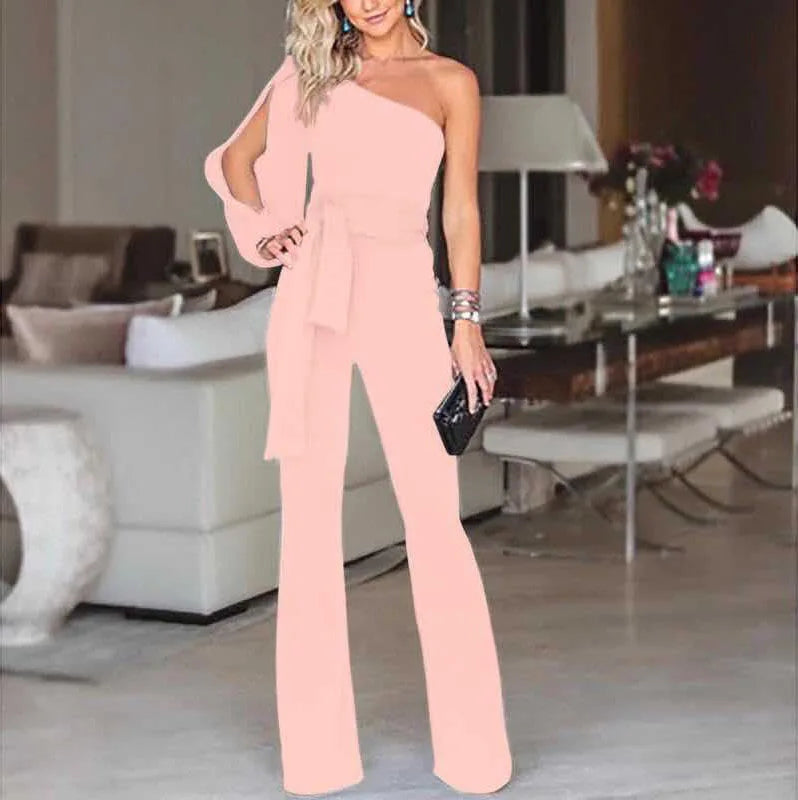 Solid Color Off-Shoulder Lace-Up Slim High Waist Jumpsuit for Women