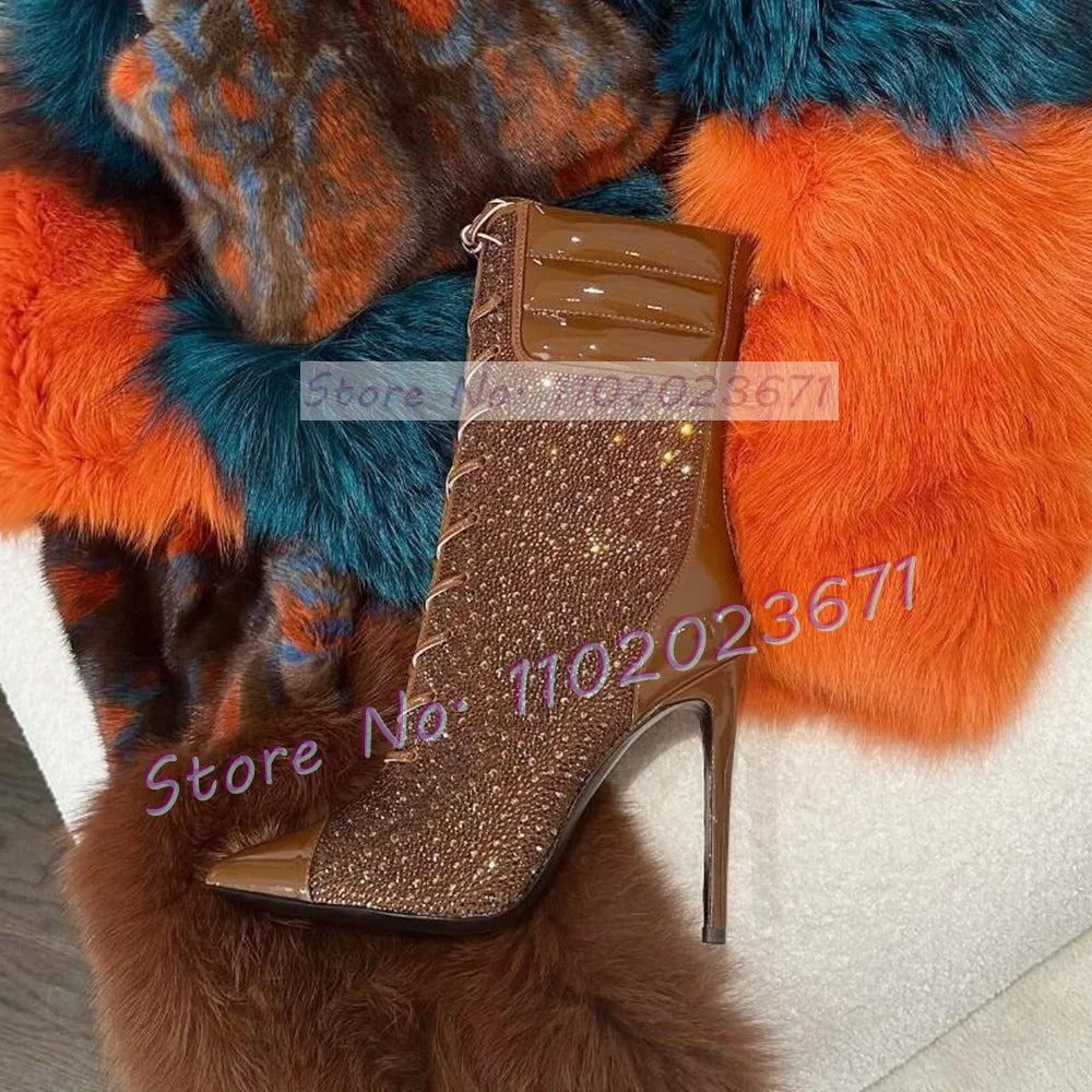 Crystal Paneled Patent Ankle Boots Women Fashion Cross Tied Pointy Toe High Heels Shoe Sexy Ladies Chocolate Brow Back-zip Boots