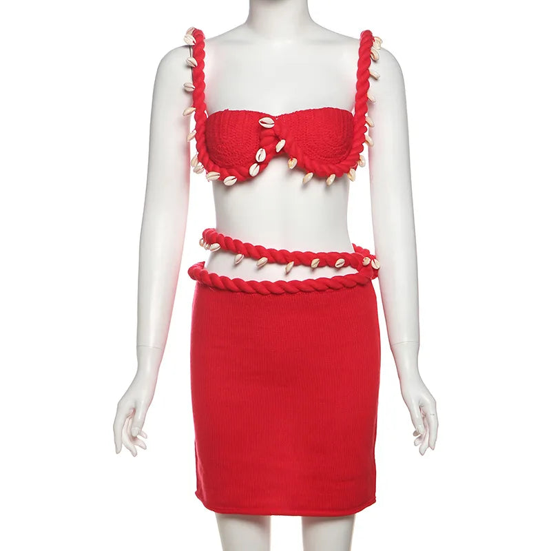FAGADOER Sexy Knit 2 Piece Sets Woman Outfit Strap Low Neck Camis+Slash Waist Mini Skirts Suits Female Hipster Beach Clothing