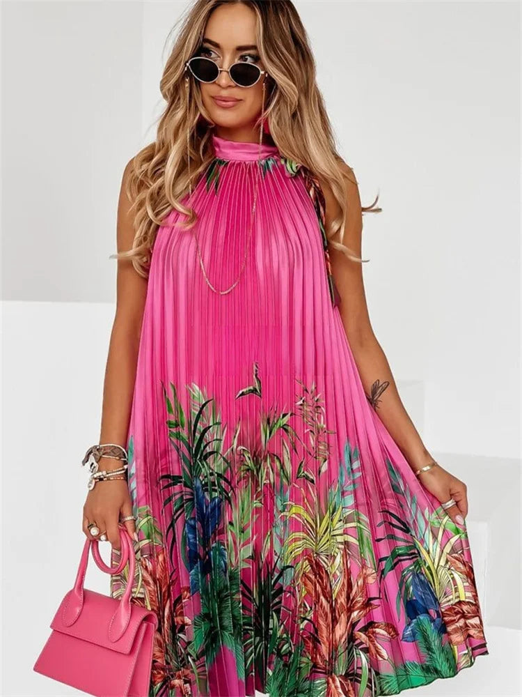 Wmstar Women Dress Lady Casual Loose Halter Pleated Maxi Fashion Leaf Print Sleeveless Beach Boho Elegant Halter Long Dresses