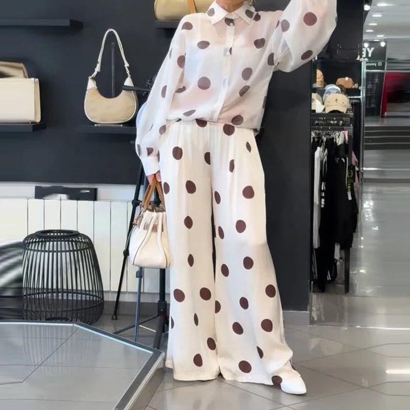 Elegant Polka Dot Print Chiffon Outfit Fashion Lapel Button Shirt & Long Pant Suit Women Casual Long Sleeve Pocket Loose 2Pc Set