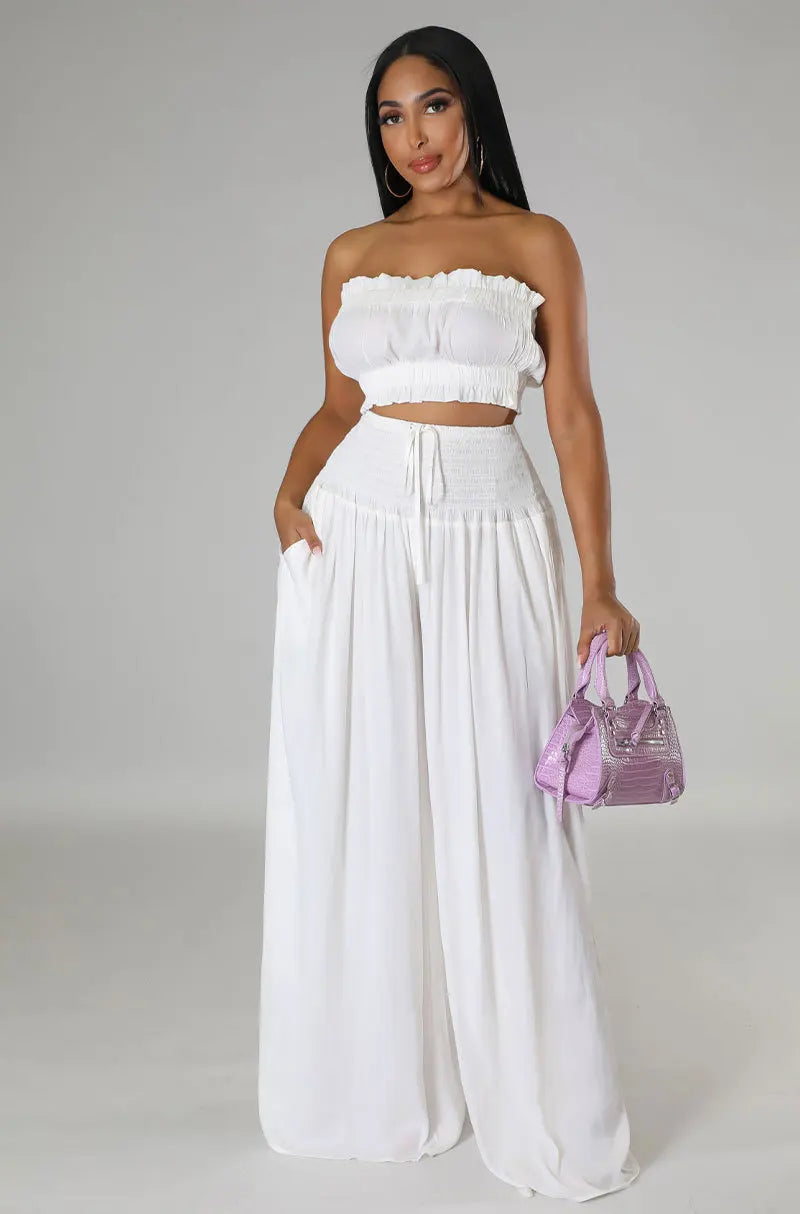 Lace Up Strapless Top Two Piece Pants Set for Women