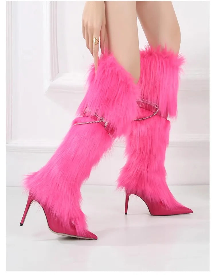Elegant Faux Fur Knee High Stiletto Boots for Women