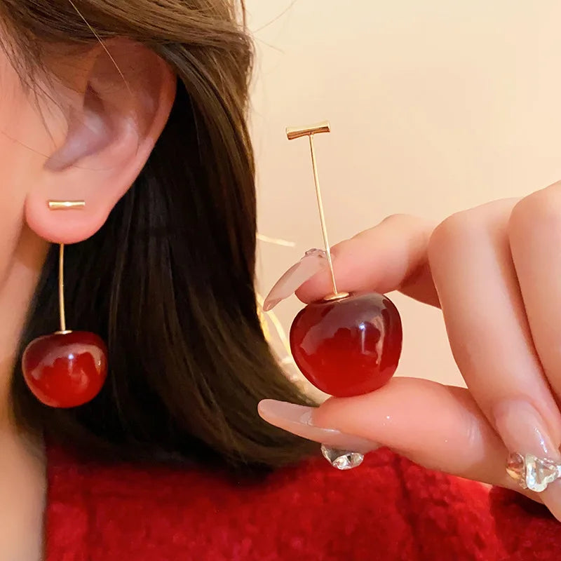 Resin Cherry Rhinestone Drop Earrings