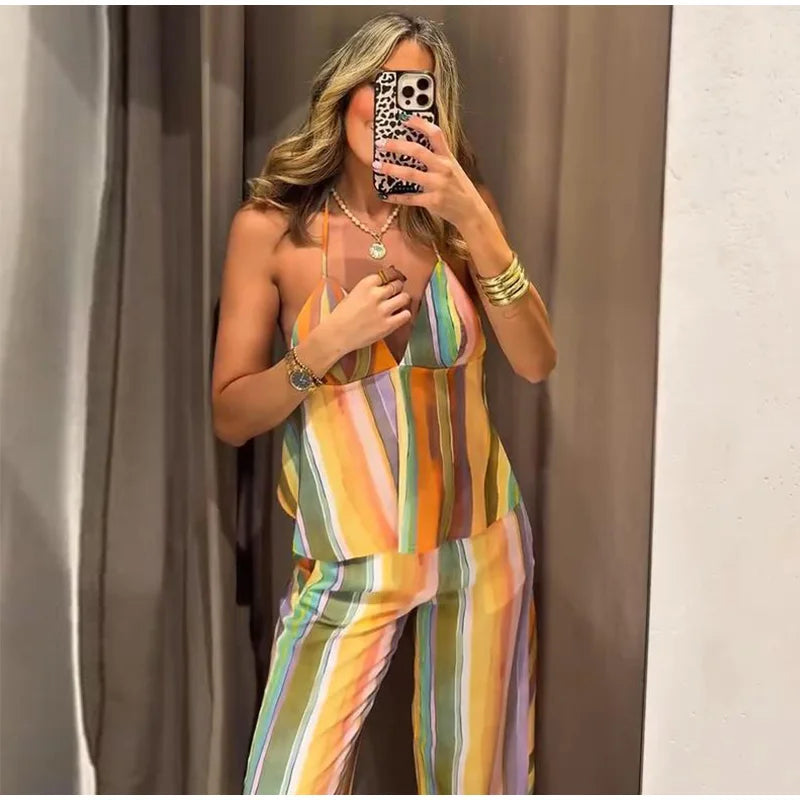 Cotton Striped High Waist Two Piece Summer Set For Women