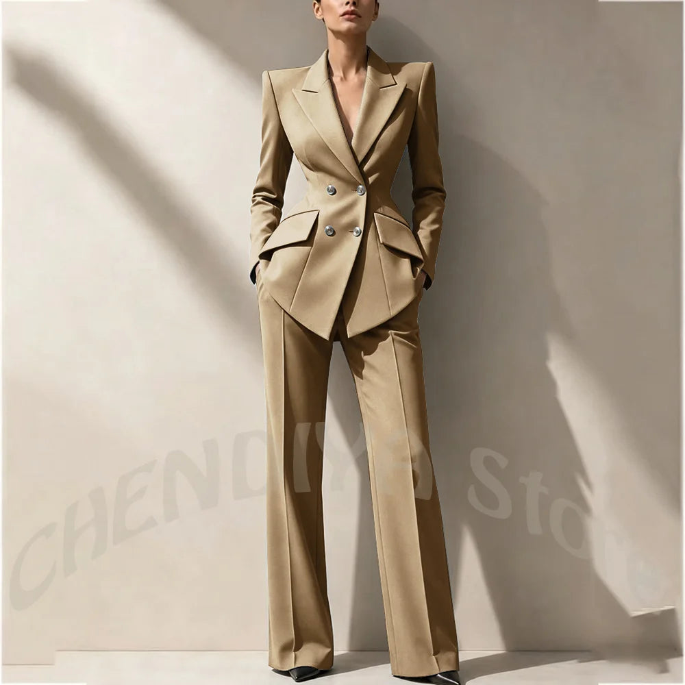 New Arrival Women's Two Piece Suit Peak Lapel Slim Fitted Classic Double Breasted Wedding Guest Evening Gala Party Female Set