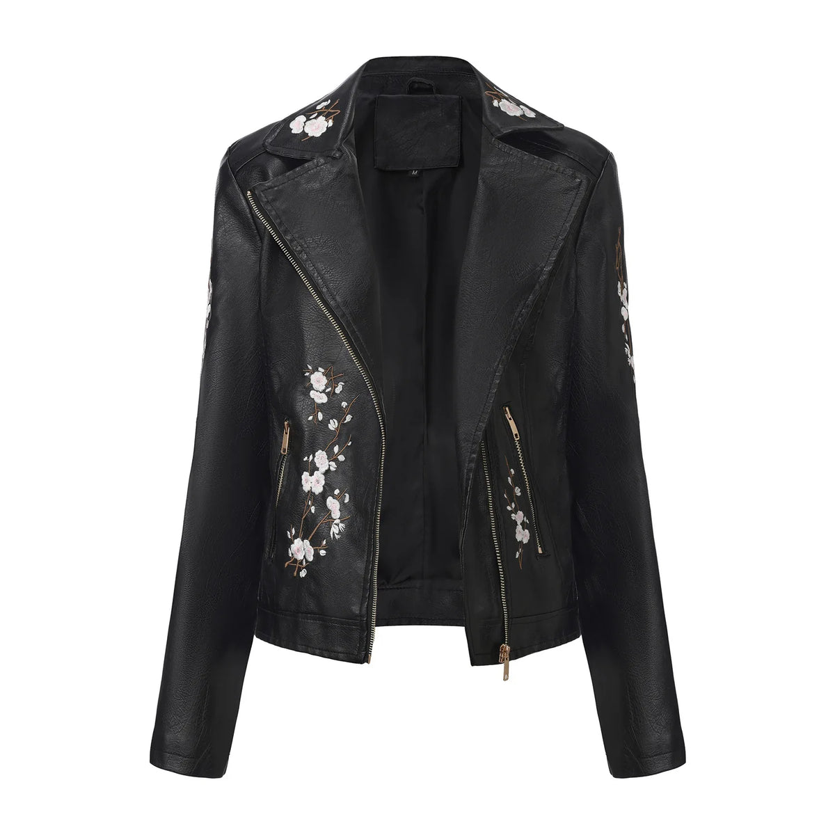 Embroidered Faux Leather Motorcycle Jacket for Women