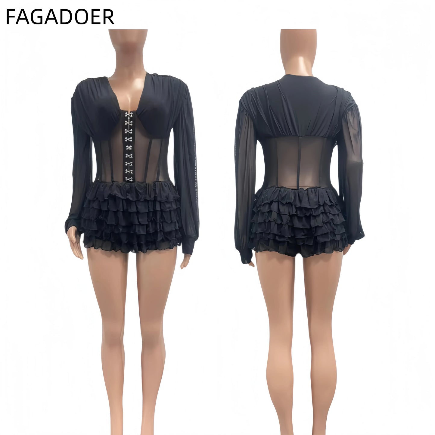 Mesh Ruched Patchwork See Through Long Sleeve Bodycon Rompers for Women