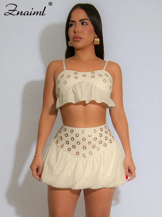 Znaiml Sexy Summer Beach Vacation Women Spaghetti Strap Crop Top and Mini Skirts 2 Pieces Set Fashion Night Club Bar Dance Suits
