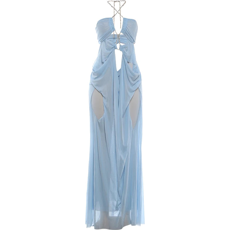 See Through Halter Backless Ruched Patchwork Dress for Women