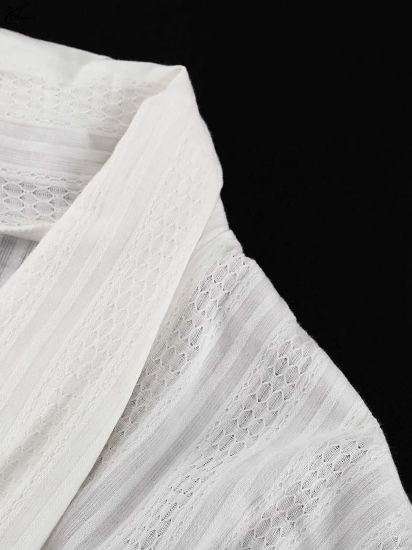 Oymimi Fashion White Cotton Women's Two Pieces Set Elegant Puff Sleeve Loose Lace-Up Shirts And High Waisted Shorts Female Sets