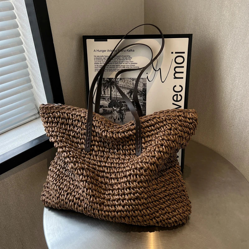 Large Capacity Straw Woven Shoulder Tote Bag for Women