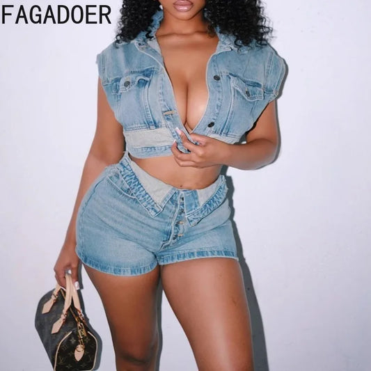 Sky Blue Denim Patchwork Cargo Set