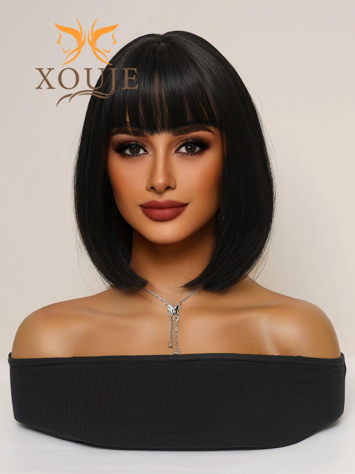 Natural Brown Straight Synthetic Wig With Bangs For Women