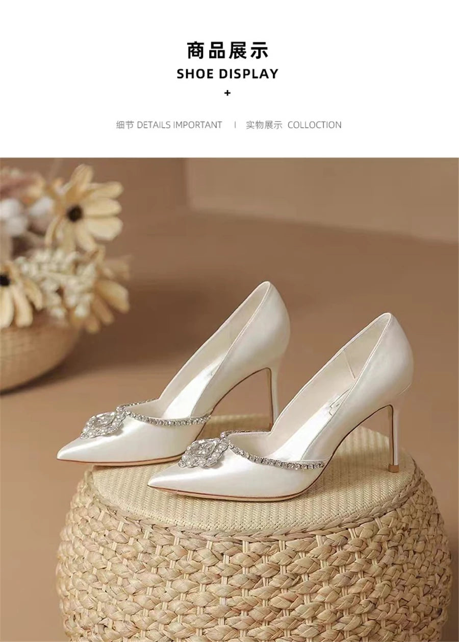 Rhinestone Pointed Toe Satin Wedding Pumps for Women