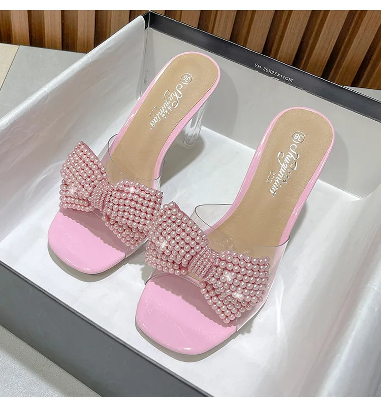 Pink Pearl Bow Design Clear Crystal High Heels for Women