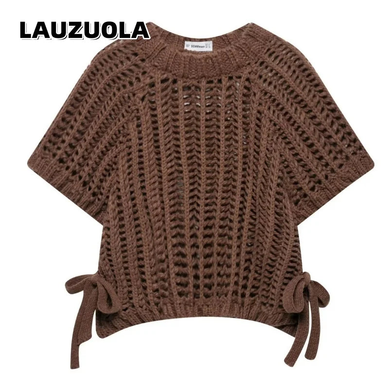 Soft Crochet With Side Bow Short Sleeves Knit Top For Women