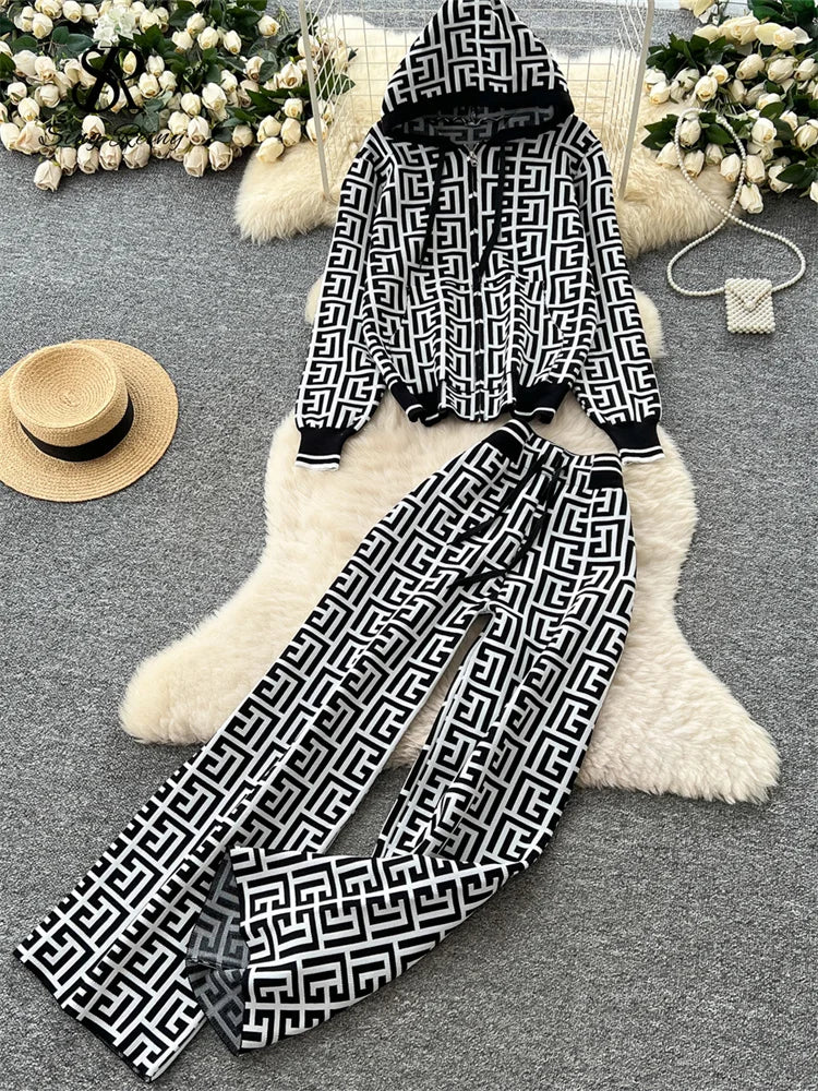 Geometric Print Hooded Knit Two Piece Set for Women