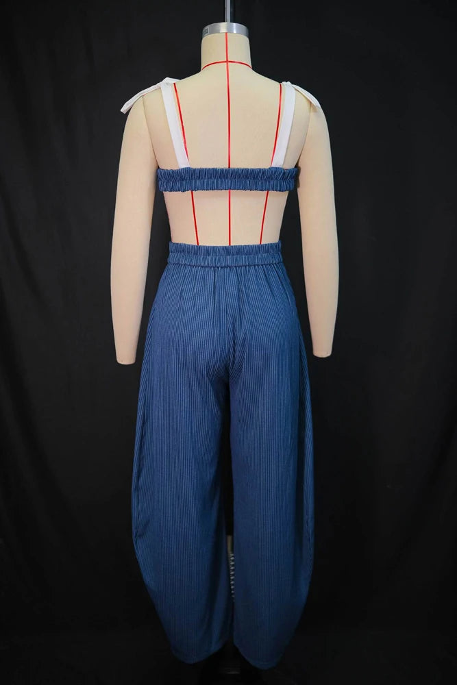 Striped Bow Crop Top And Wide Leg Pants Set For Women