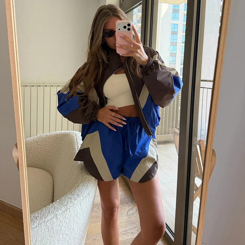 Contrast Color Zip Jacket and Shorts Two Piece Set for Women