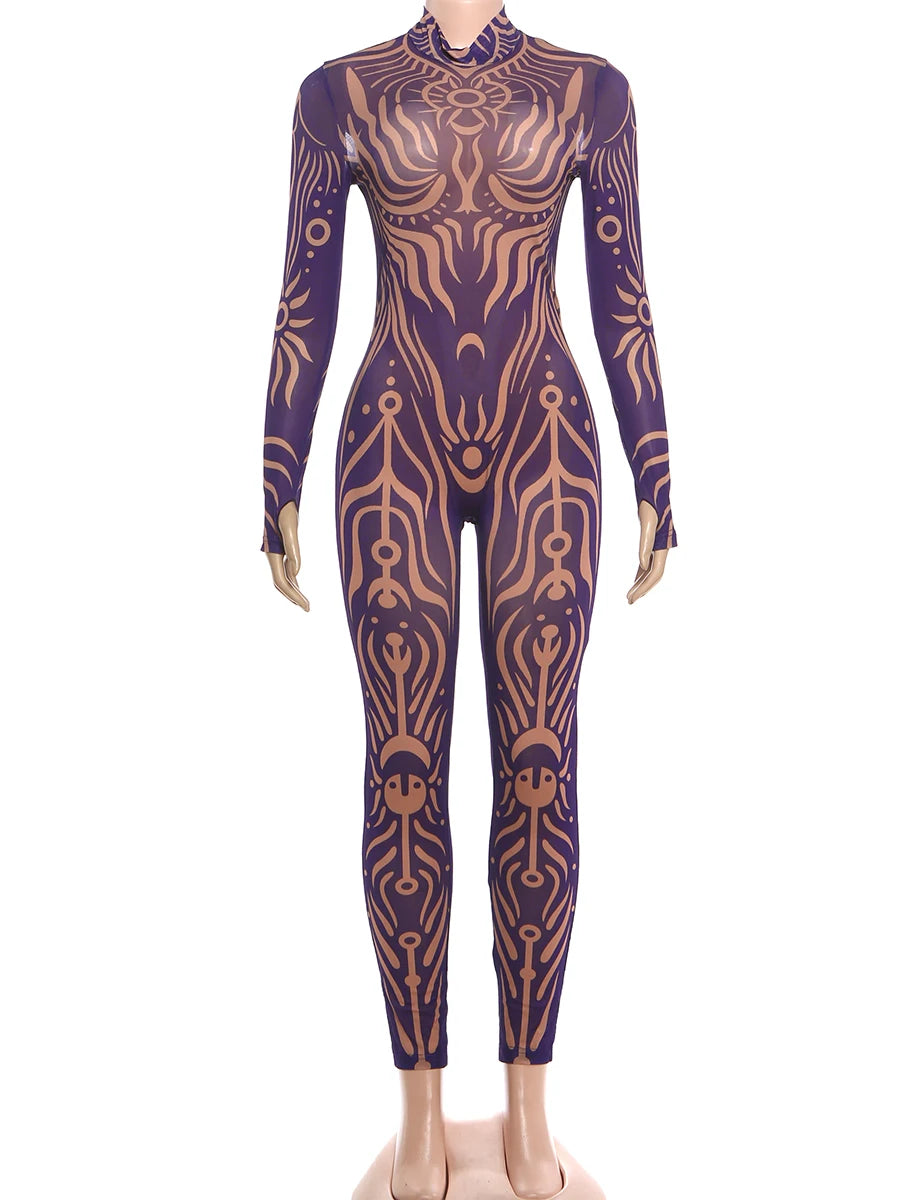Striped Stretch Turtleneck Long Sleeve Jumpsuit for Women