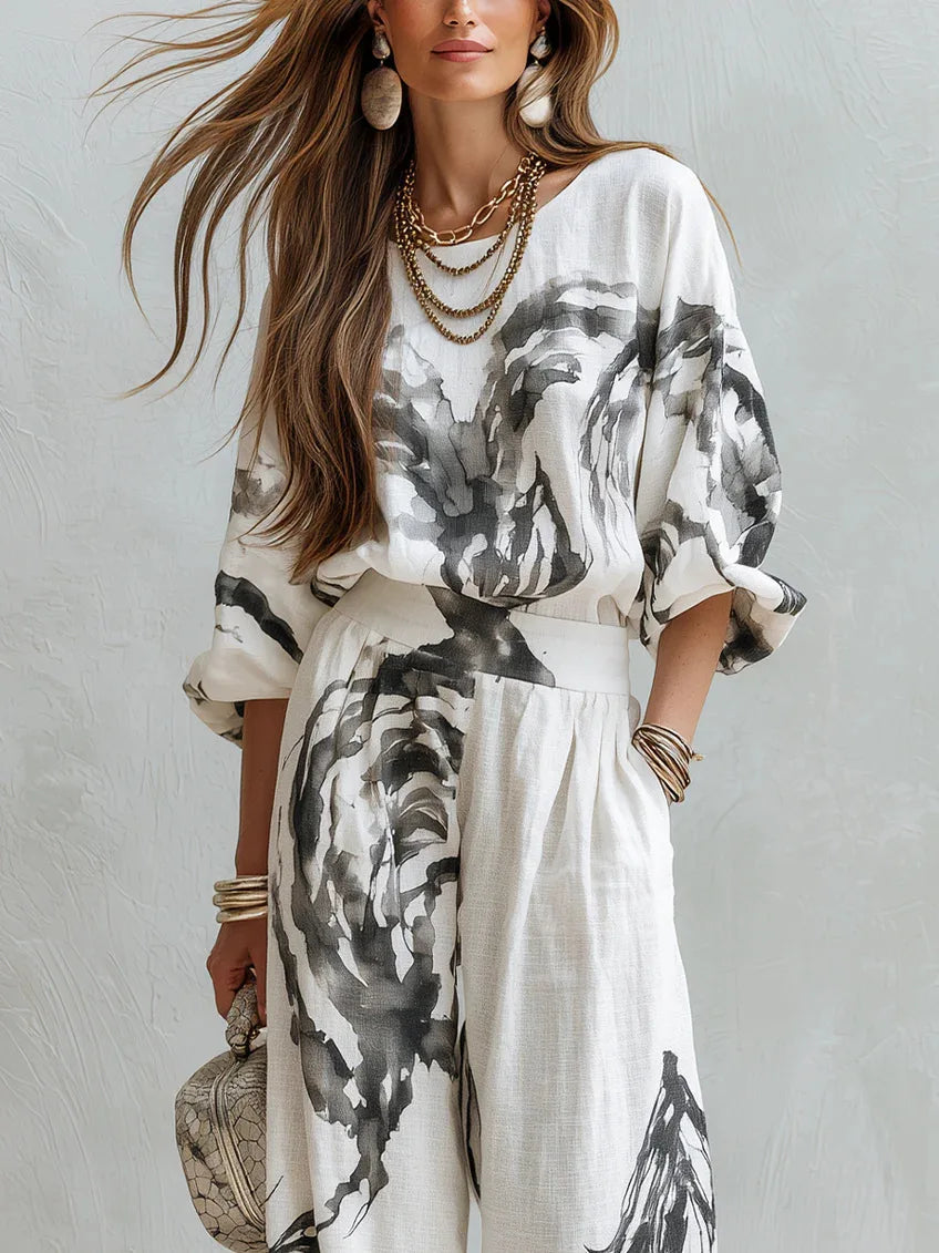 Casual Retro Printed Two Piece Pants Set for Women