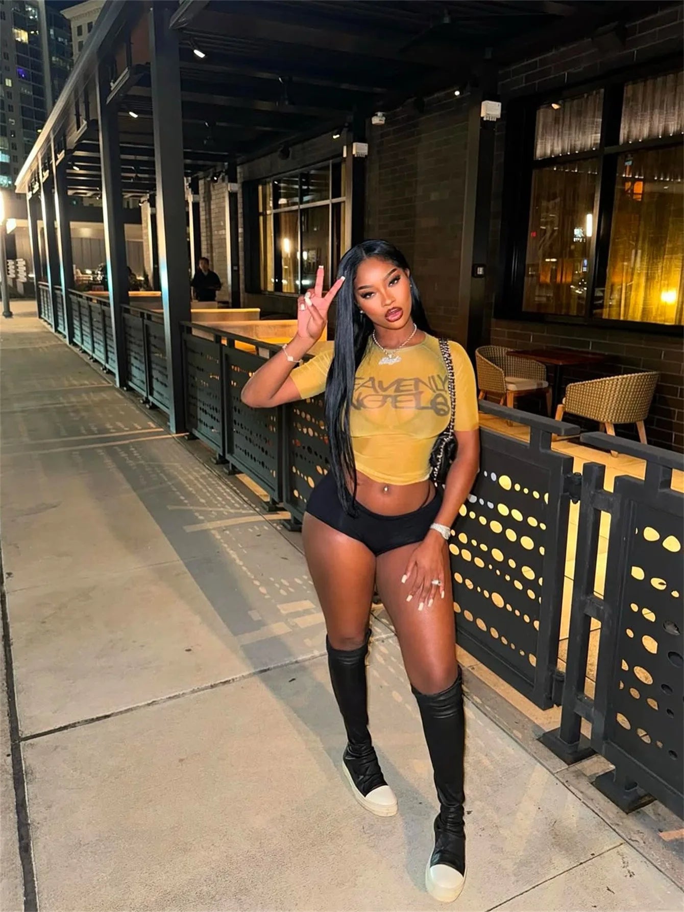 FAGADOER Y2k Fashion Mesh Letter Print 2 Piece Sets Woman Outfit See Through Short Sleeve Crop Top and Leather Short Streetwear
