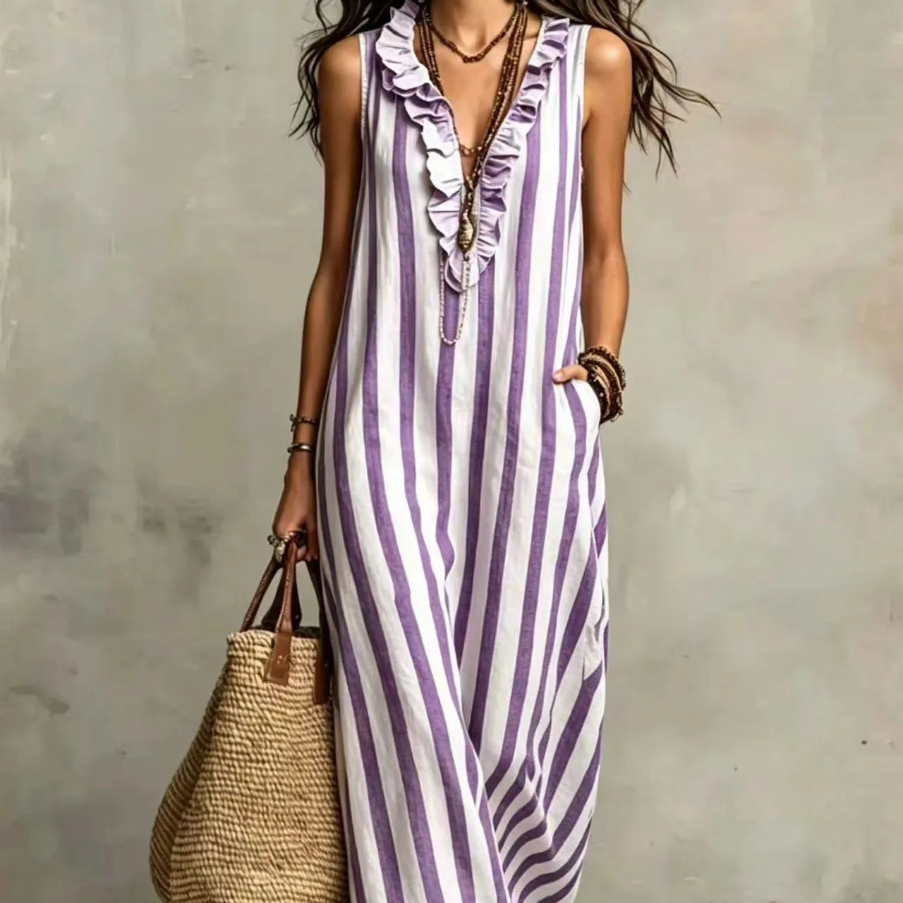 Striped V-Neck Ruffle Sleeveless Pocket Maxi Dress for Women