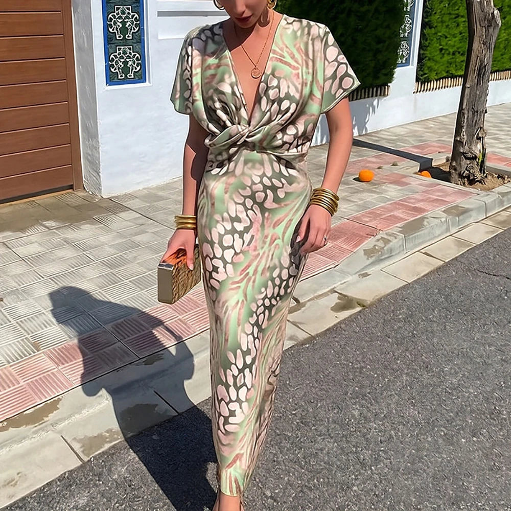 Elegant Satin Leopard Print Bodycon Maxi Dress For Women