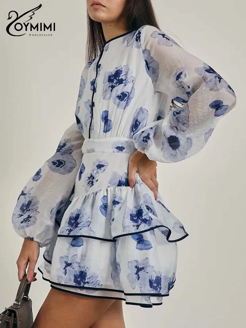 Oymimi Elegant Blue Print Women's Dress Fashion O-Neck Long Sleeve Patchwork Button Dresses Casual High Waist Ruffled Skirts Set